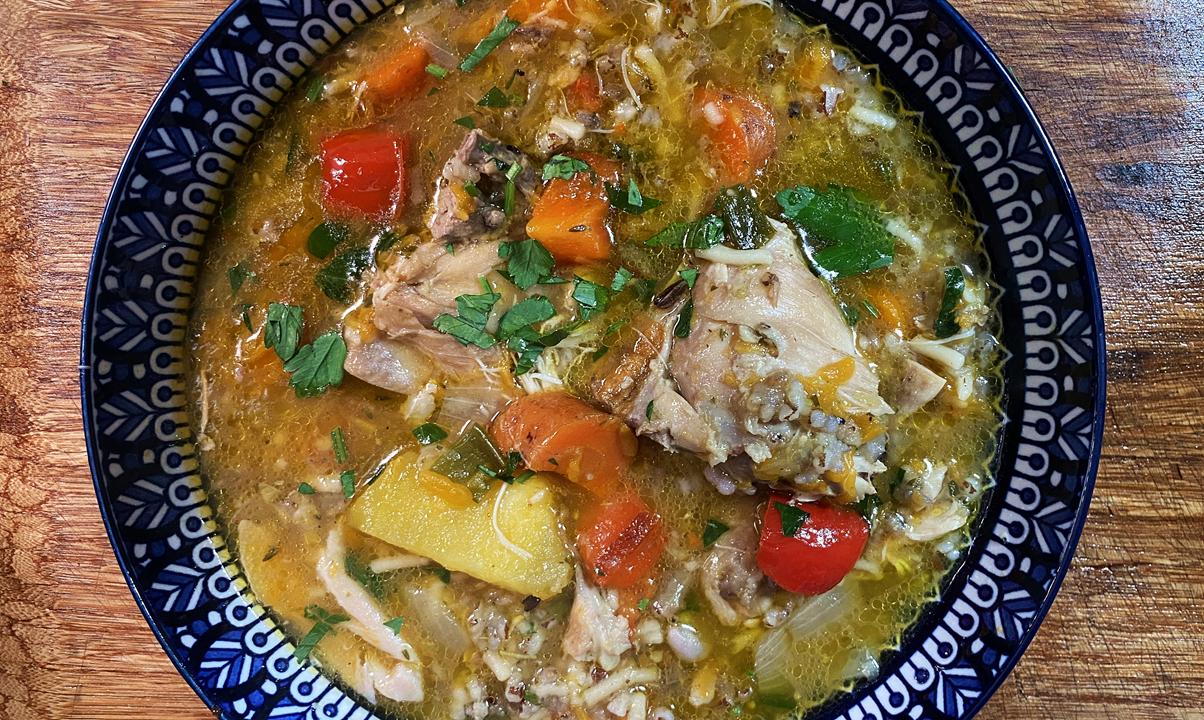Roasted Chicken With Moruga Hill Rice, Soup.